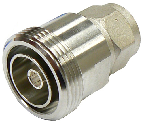 Low PIM N-type male jack to 7/16″ DIN female straight adaptor – tri-metal plated